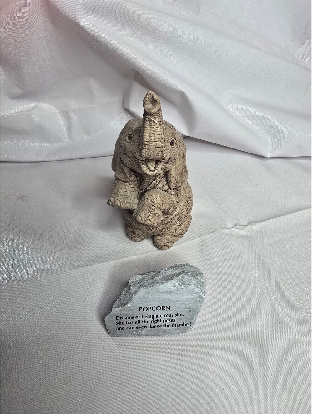 Vintage Hand-Carved Resin Elephant "Herd Popcorn" Figurine with Poem Stone